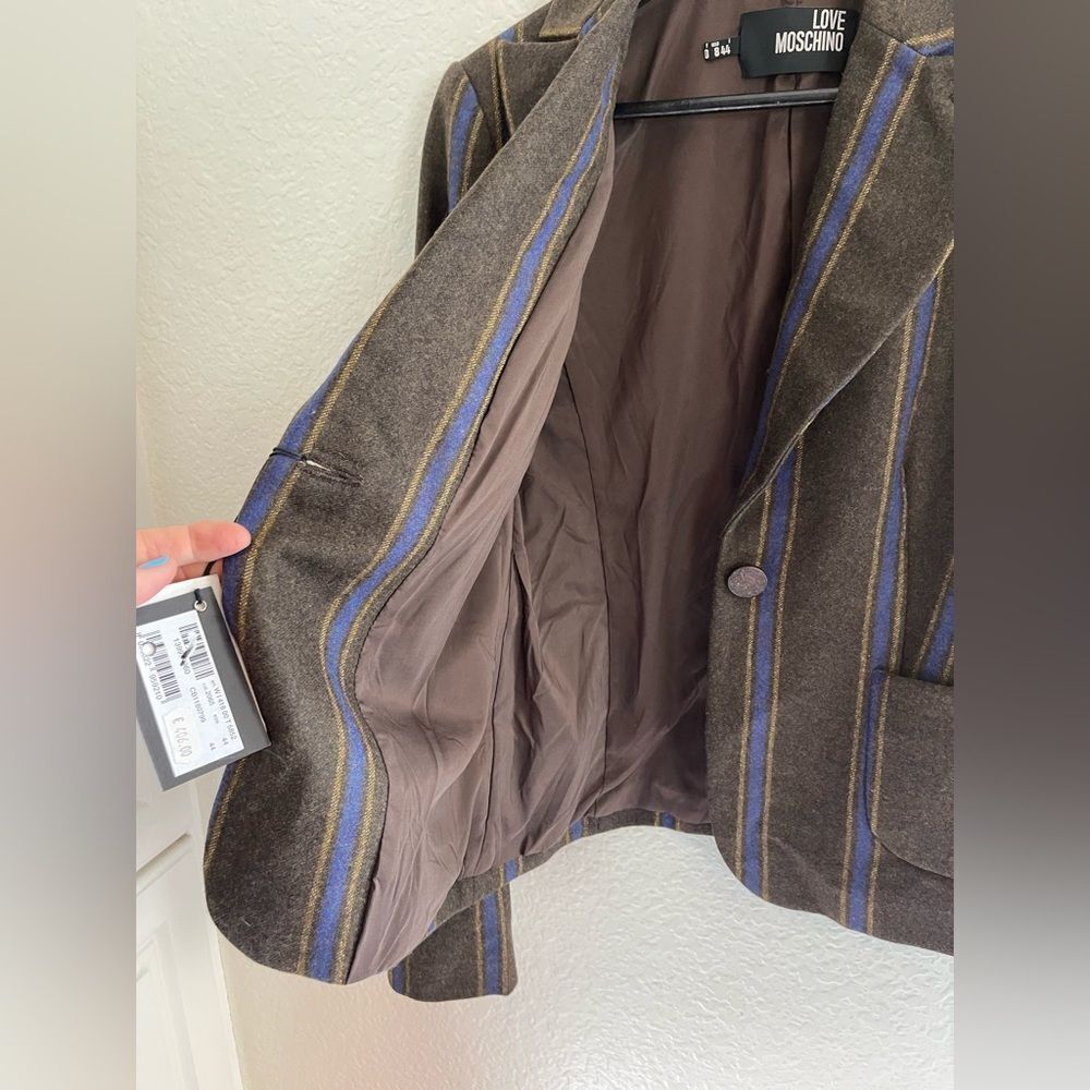Love Moschino Designer Brown and Blue pin-striped Women's wool Blazer 44/8 NWT - Picture 9 of 10